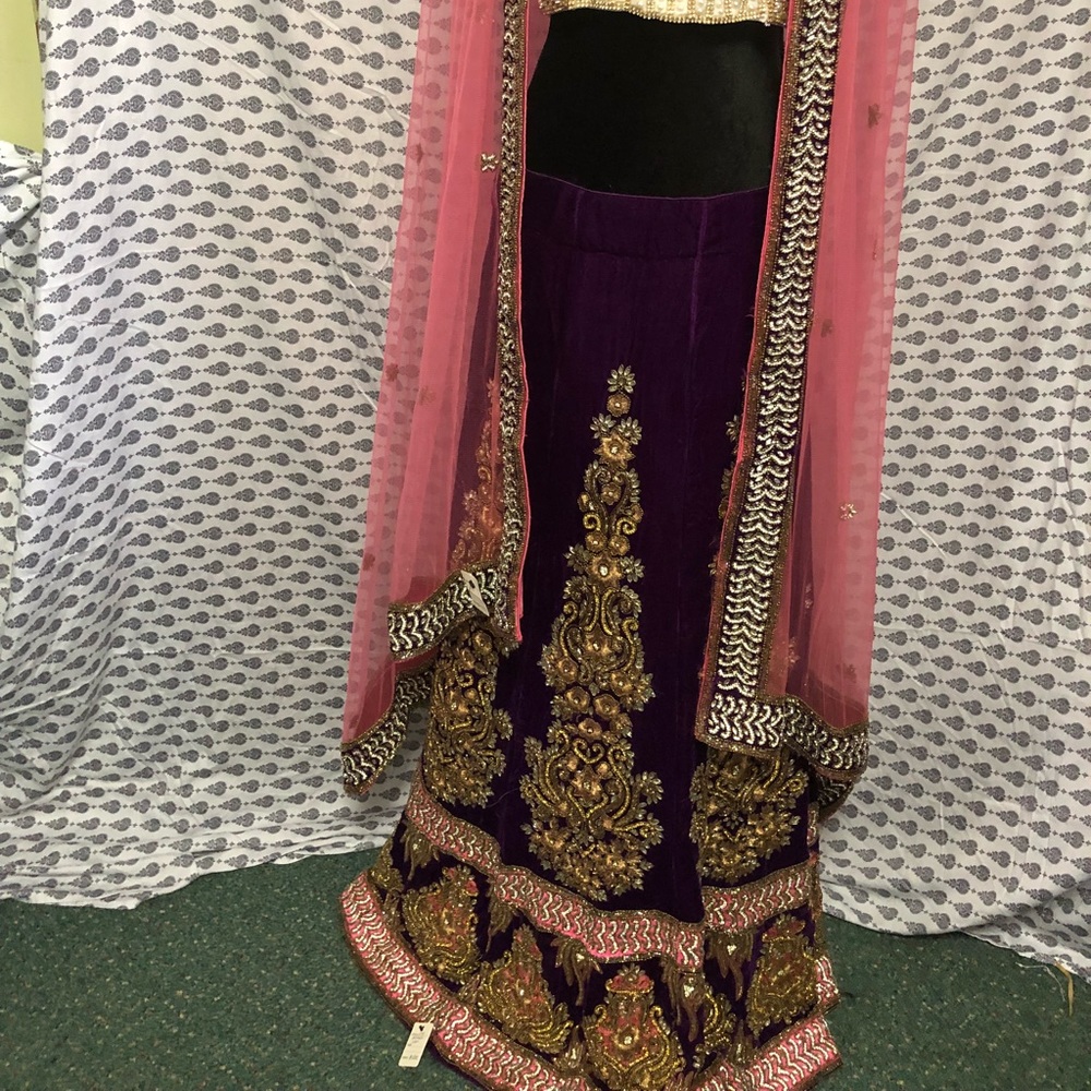 Heavy purple velvet lehenga with pink dupatta